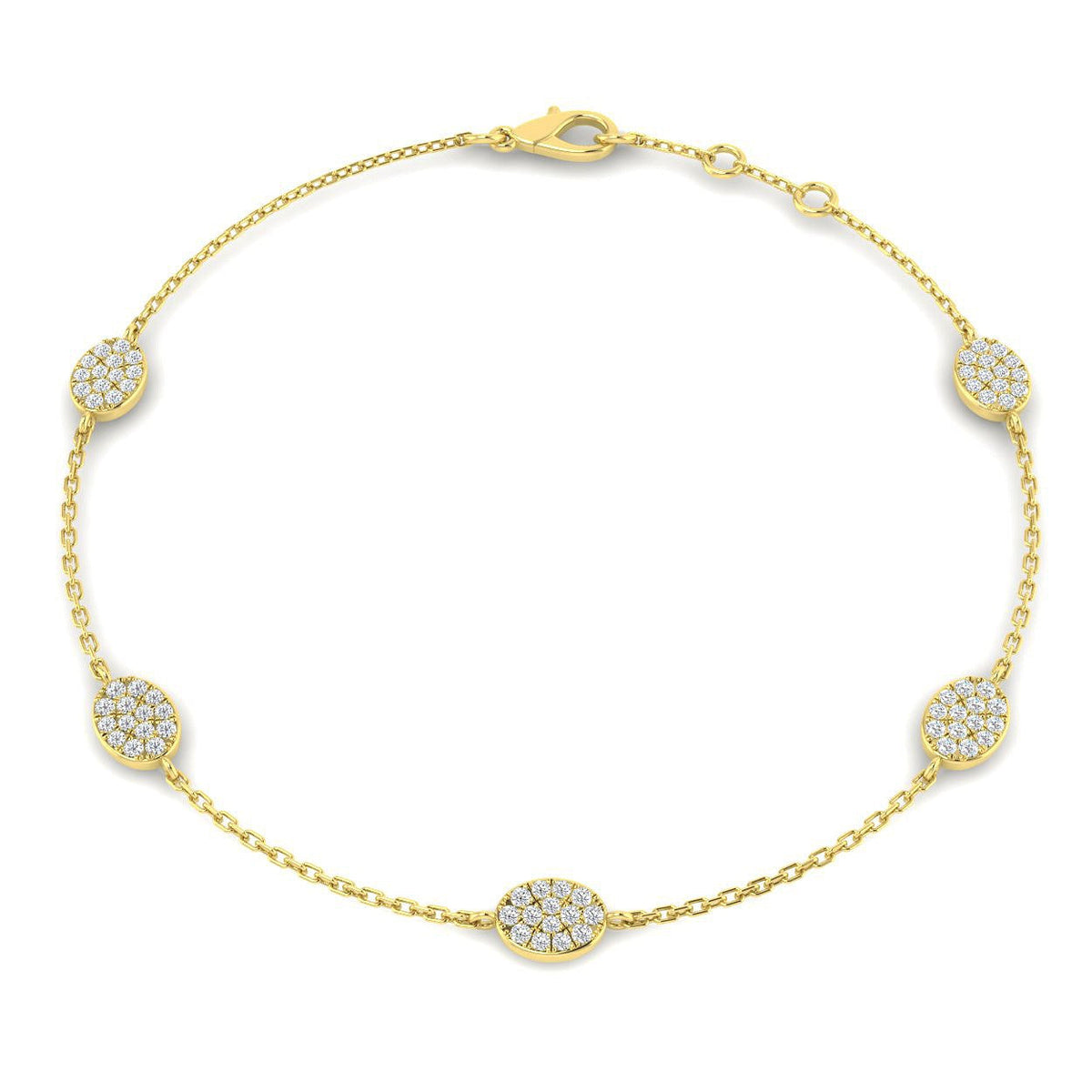 Natural Round Pave Diamond Oval Shape Station Bracelet with Lobster Claw in 10K/14K gold and platinum with certified lab-grown or natural diamonds