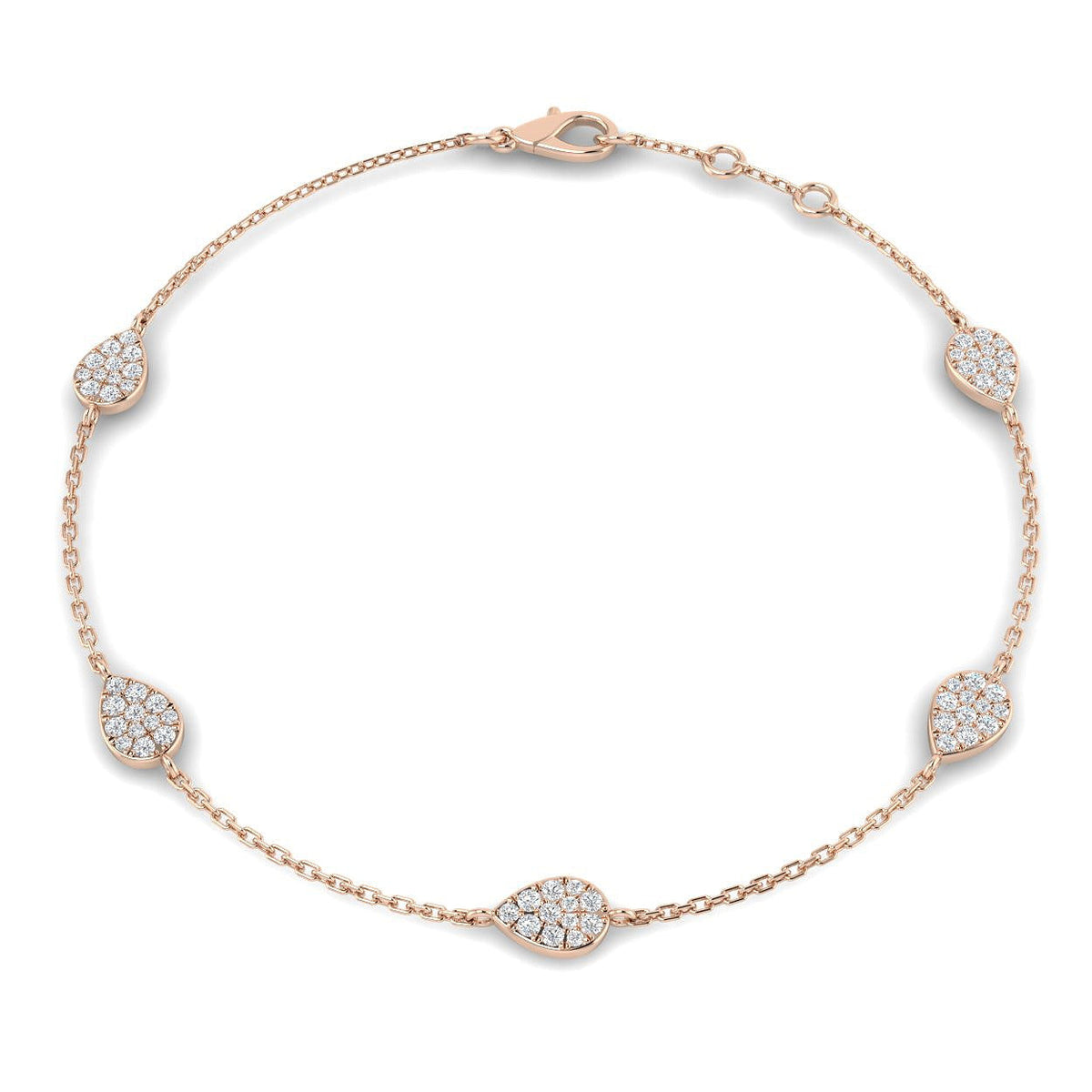 Natural Round Pave Diamond Pear Shape Station Bracelet with Lobster Claw in 10K/14K gold and platinum with certified lab-grown or natural diamonds