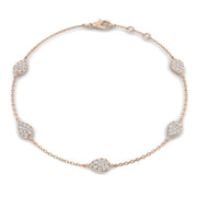Natural Round Pave Diamond Pear Shape Station Bracelet with Lobster Claw in 10K/14K gold and platinum with certified lab-grown or natural diamonds