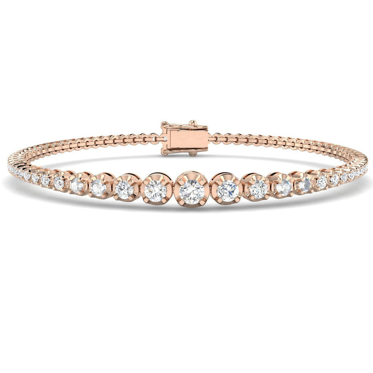 Round Lab Grown Diamond Graduate Tennis Bracelet in Platinum with Prong Set Box Clasp in 10K/14K gold and platinum with certified lab-grown or natural diamonds