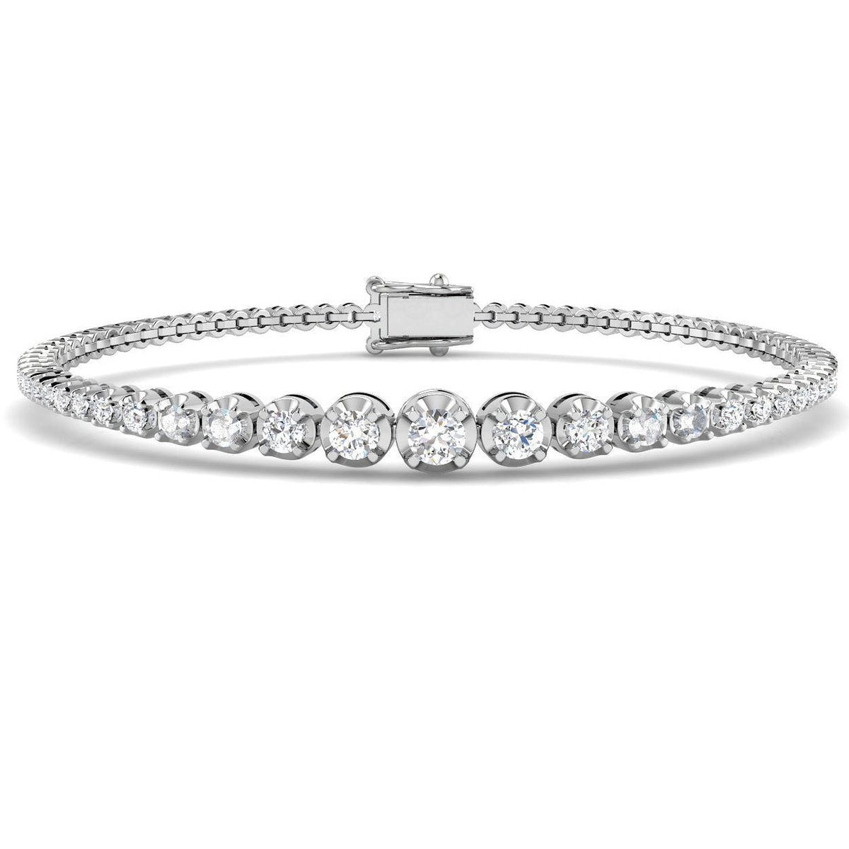 Round Lab Grown Diamond Graduate Tennis Bracelet in Platinum with Prong Set Box Clasp in 10K/14K gold and platinum with certified lab-grown or natural diamonds