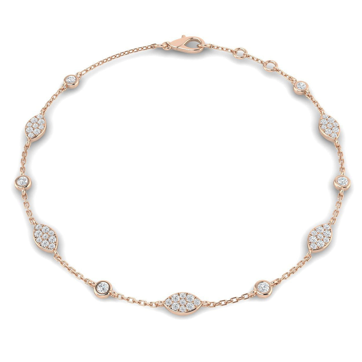 Round Lab Grown Diamond Pave Set Marquise Shape Station Bracelet with Bezel Set in 10K/14K gold and platinum with certified lab-grown or natural diamonds