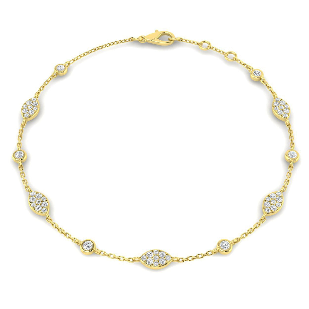 Round Lab Grown Diamond Pave Set Marquise Shape Station Bracelet with Bezel Set in 10K/14K gold and platinum with certified lab-grown or natural diamonds