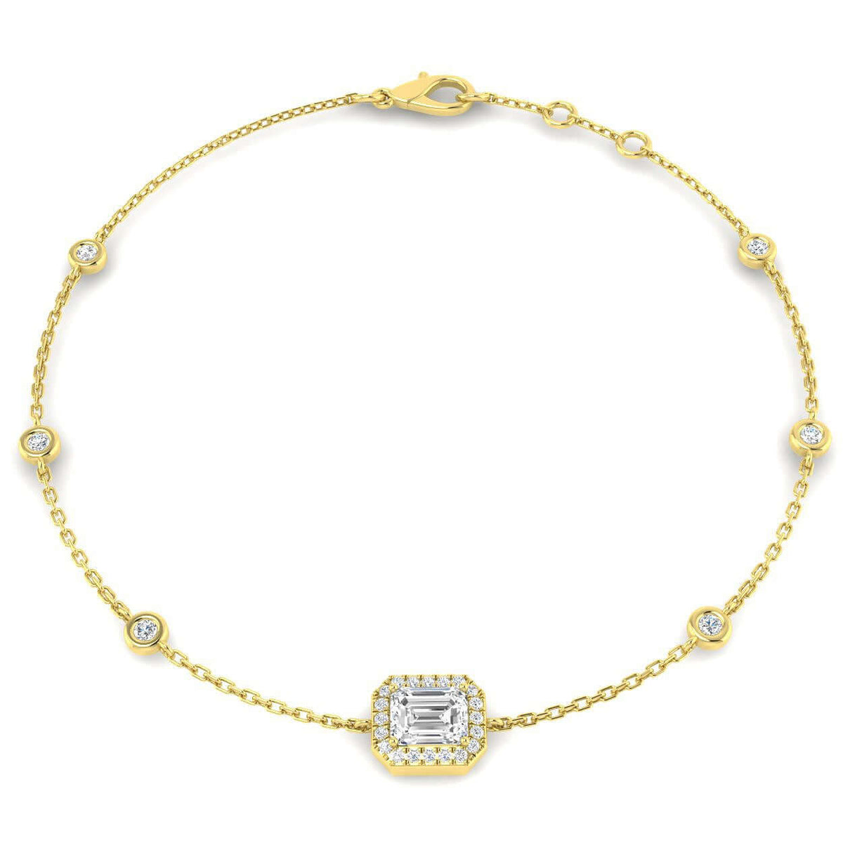 Natural Emerald Cut Diamond Halo Station Bracelet with Adjustable Chain in 10K/14K gold and platinum with certified lab-grown or natural diamonds