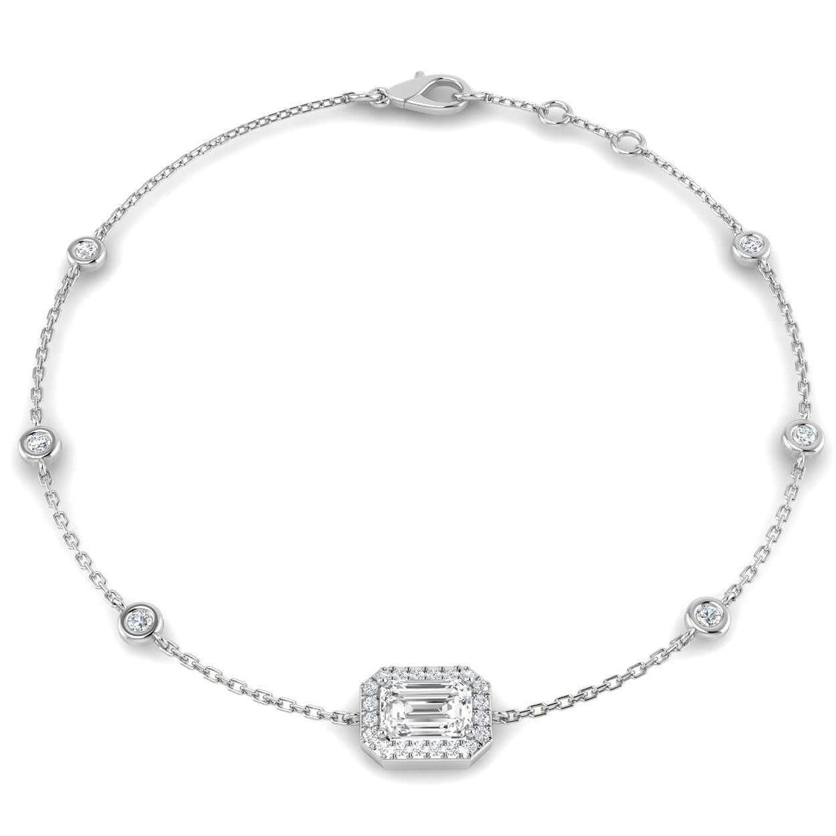 Natural Emerald Cut Diamond Halo Station Bracelet with Adjustable Chain in 10K/14K gold and platinum with certified lab-grown or natural diamonds