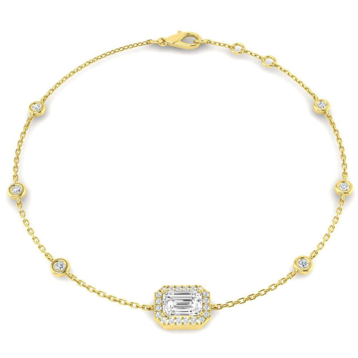 Natural Emerald Cut Diamond Halo Station Bracelet with Adjustable Chain in 10K/14K gold and platinum with certified lab-grown or natural diamonds