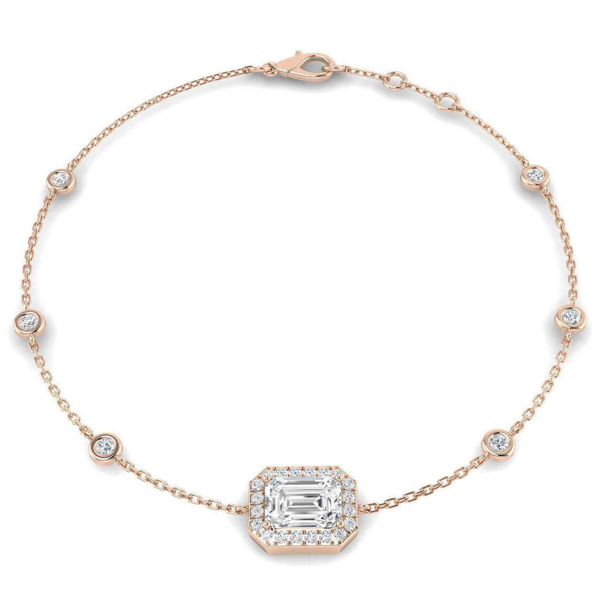 Natural Emerald Cut Diamond Halo Station Bracelet with Adjustable Chain in 10K/14K gold and platinum with certified lab-grown or natural diamonds