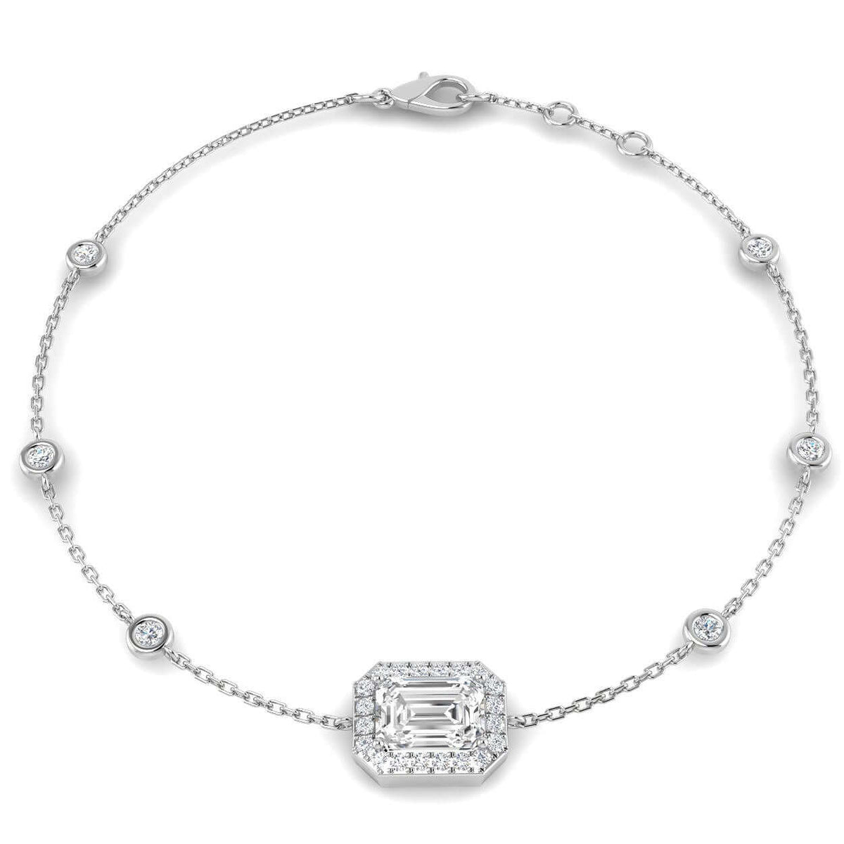 Natural Emerald Cut Diamond Halo Station Bracelet with Adjustable Chain in 10K/14K gold and platinum with certified lab-grown or natural diamonds