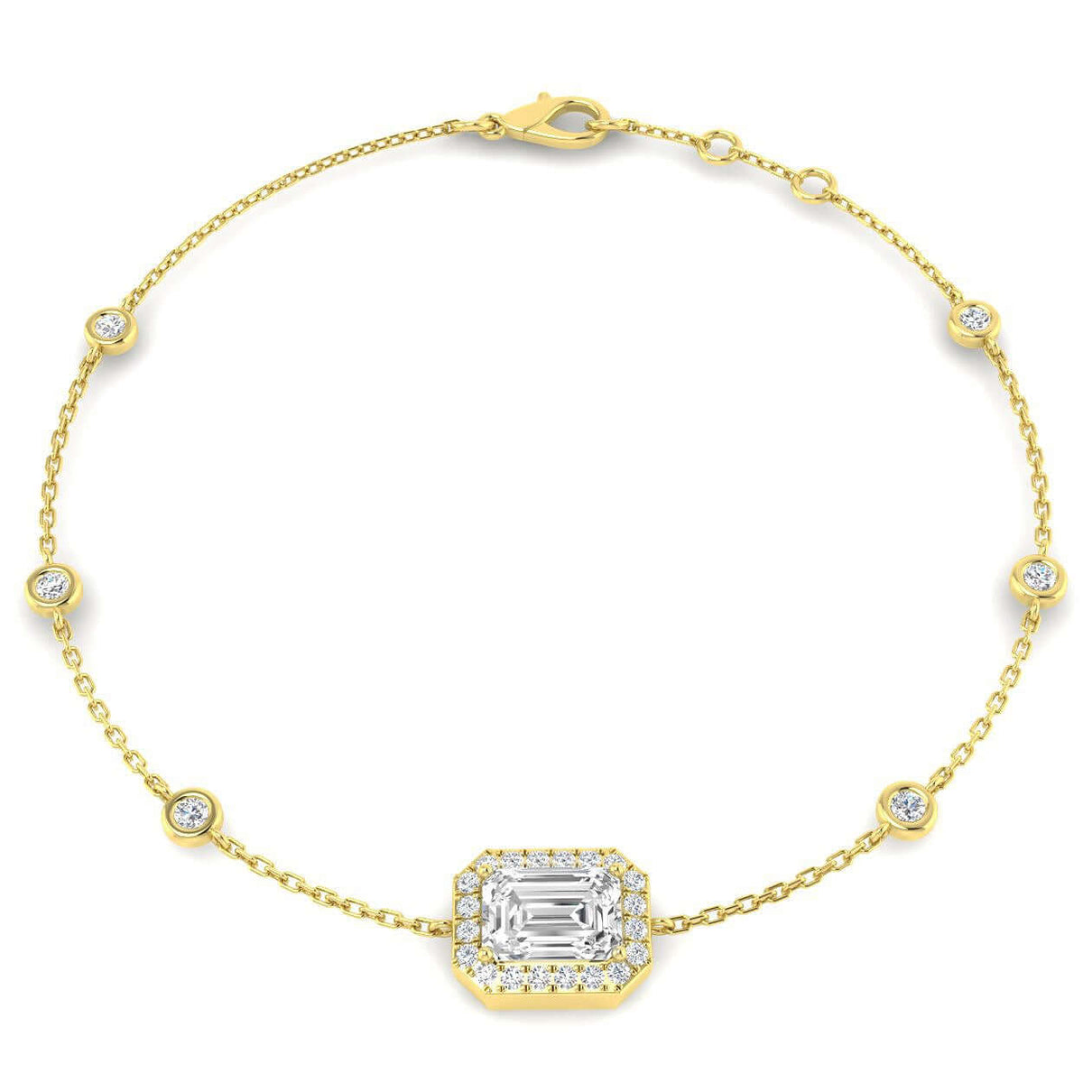 Natural Emerald Cut Diamond Halo Station Bracelet with Adjustable Chain in 10K/14K gold and platinum with certified lab-grown or natural diamonds