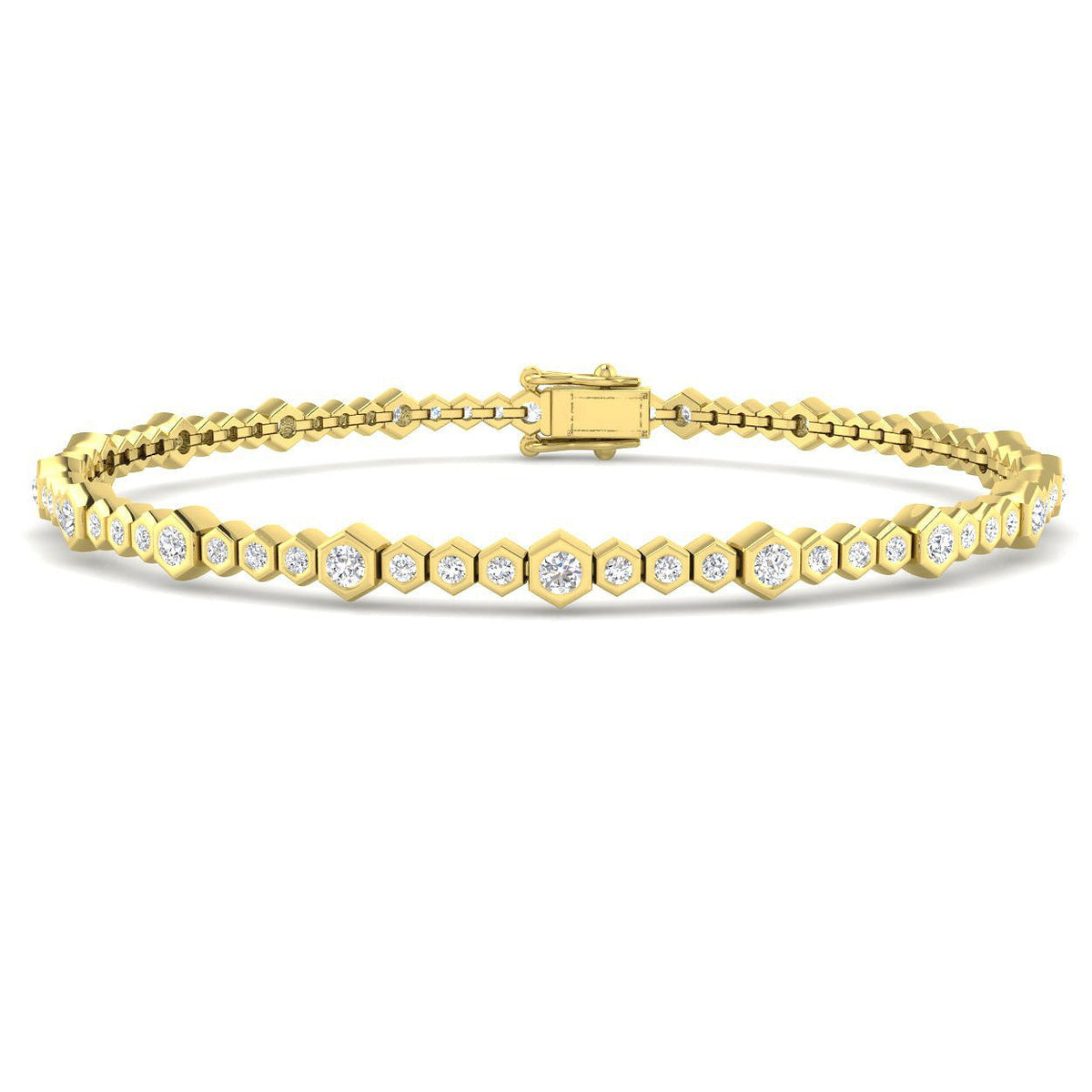 Natural Round Bezel Set Diamond Octagon Tennis Bracelet with Box Clasp in 10K/14K gold and platinum with certified lab-grown or natural diamonds