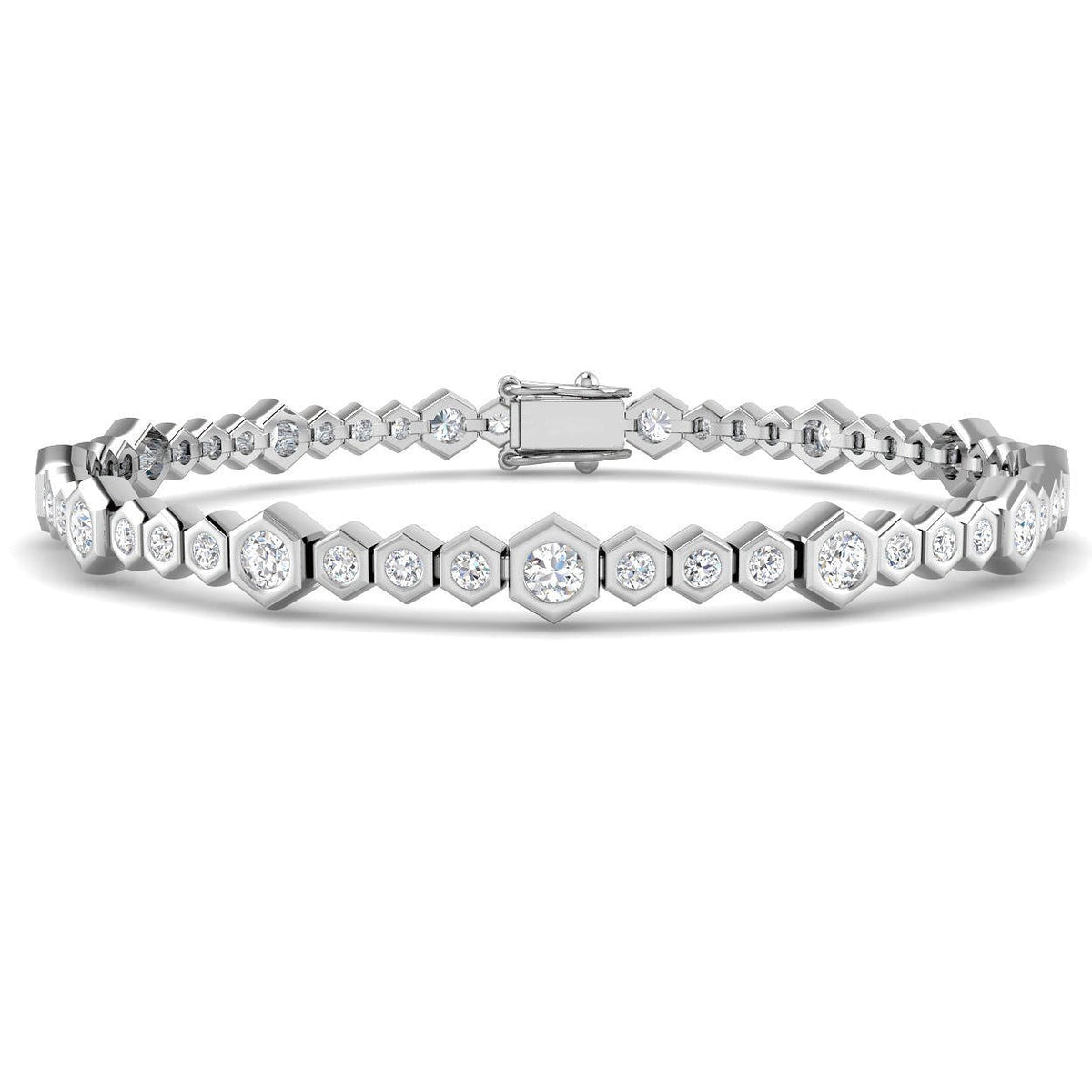 Natural Round Bezel Set Diamond Octagon Tennis Bracelet with Box Clasp in 10K/14K gold and platinum with certified lab-grown or natural diamonds