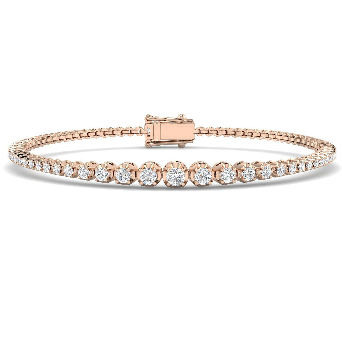 Round Lab Grown Diamond Graduate Tennis Bracelet in Platinum with Prong Set Box Clasp in 10K/14K gold and platinum with certified lab-grown or natural diamonds