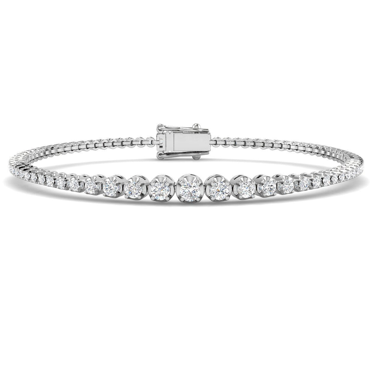 Round Lab Grown Diamond Graduate Tennis Bracelet in Platinum with Prong Set Box Clasp in 10K/14K gold and platinum with certified lab-grown or natural diamonds