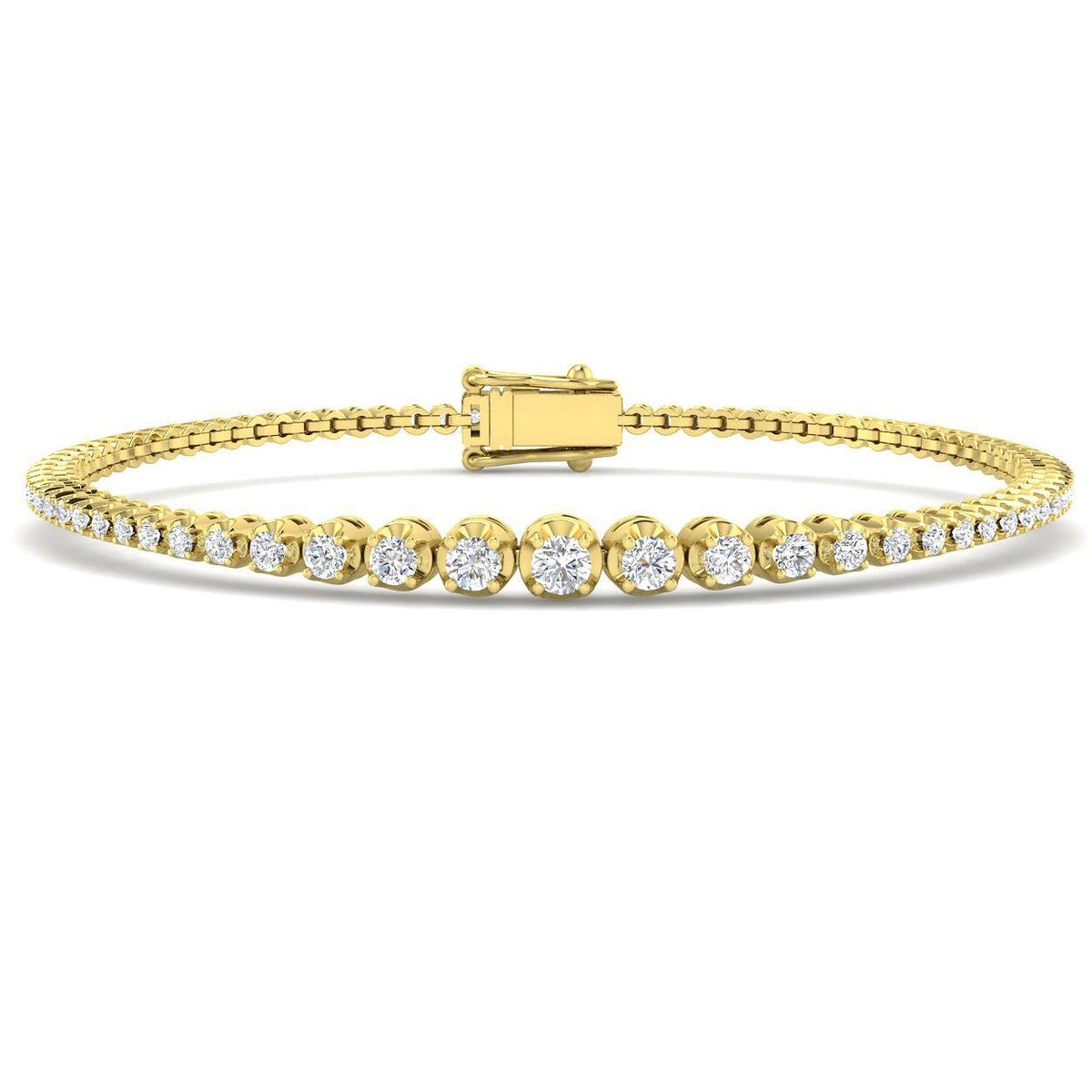 Round Lab Grown Diamond Graduate Tennis Bracelet in Platinum with Prong Set Box Clasp in 10K/14K gold and platinum with certified lab-grown or natural diamonds