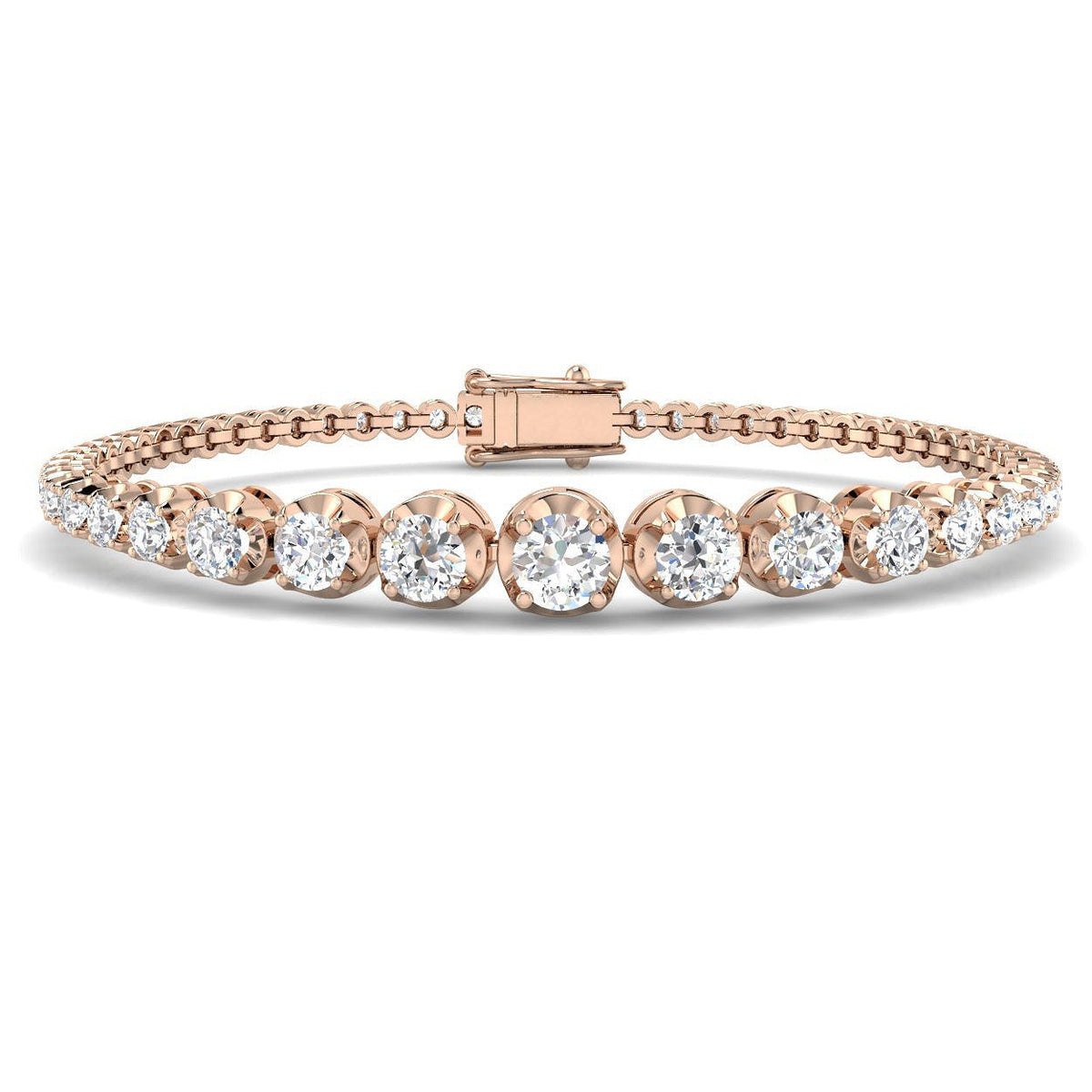 Round Lab Grown Diamond Graduate Tennis Bracelet in Platinum with Prong Set Box Clasp in 10K/14K gold and platinum with certified lab-grown or natural diamonds