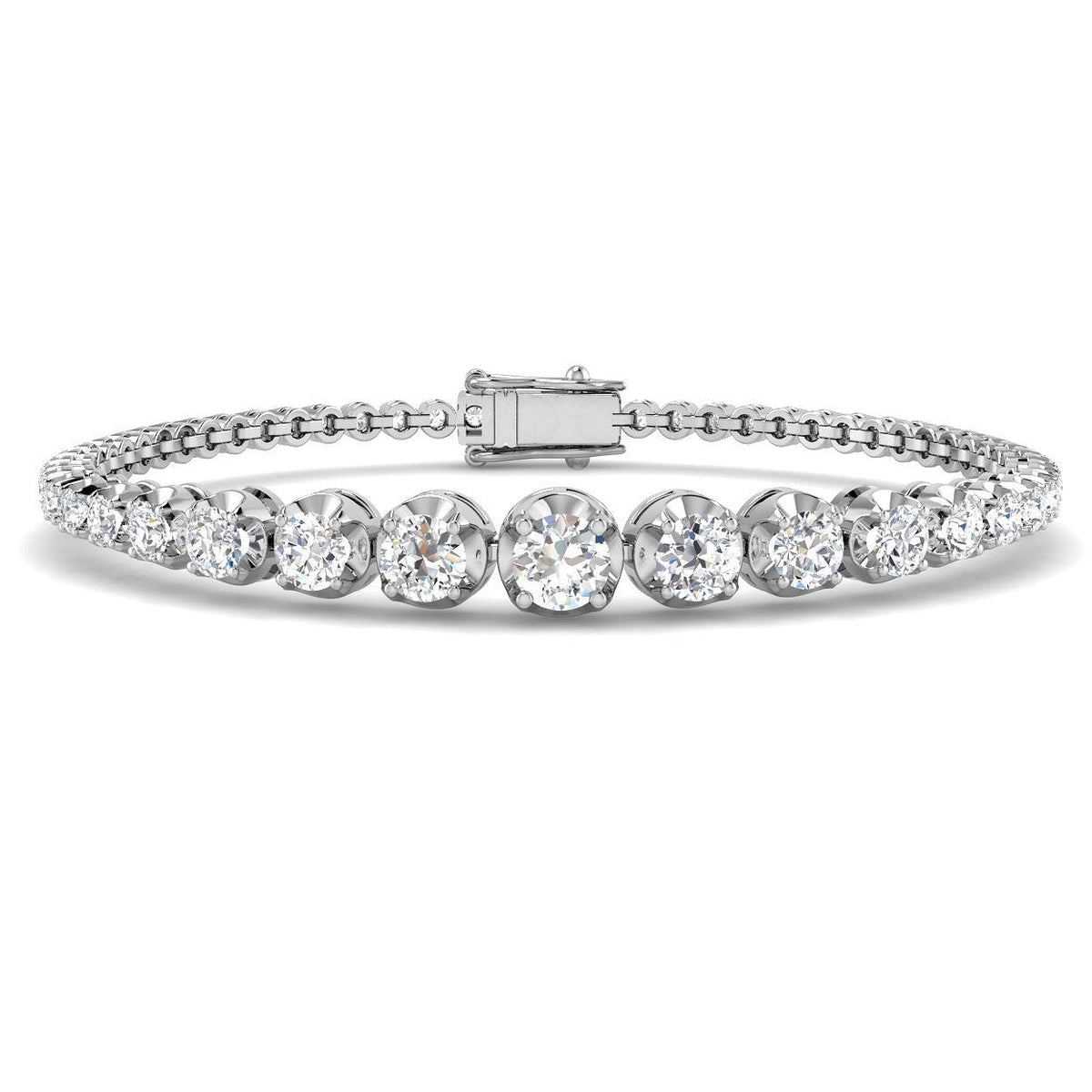 Round Lab Grown Diamond Graduate Tennis Bracelet in Platinum with Prong Set Box Clasp in 10K/14K gold and platinum with certified lab-grown or natural diamonds