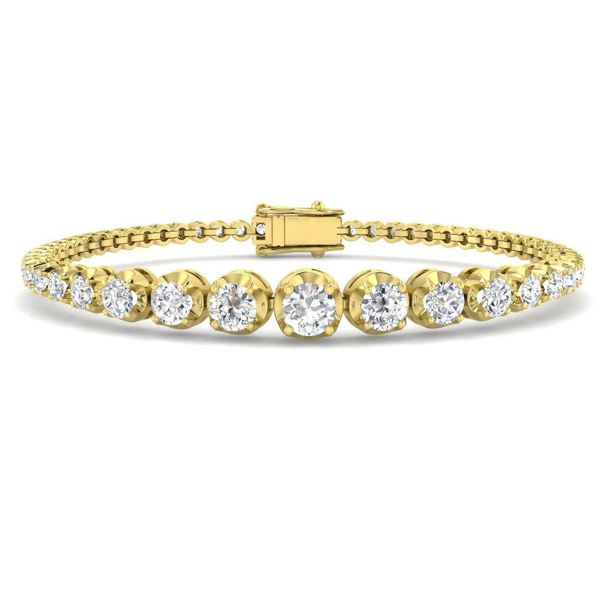 Round Lab Grown Diamond Graduate Tennis Bracelet in Platinum with Prong Set Box Clasp in 10K/14K gold and platinum with certified lab-grown or natural diamonds