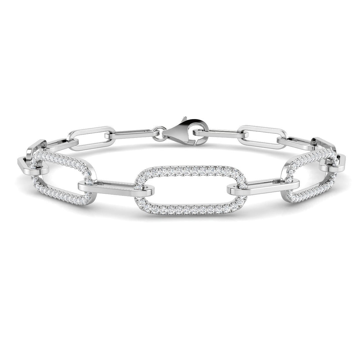 Platinum Natural Diamond Rectangular Link Bracelet with Pave Accents & Lobster Clasp in 10K/14K gold and platinum with certified lab-grown or natural diamonds