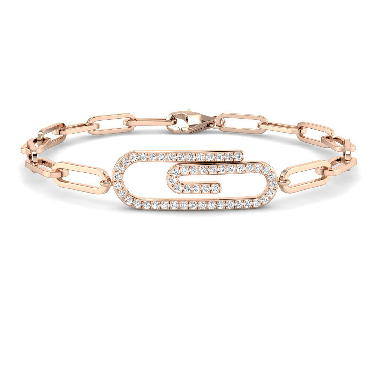 Round Pave Lab Grown Diamond Paperclip Link Bracelet with Pave Center Link / in 10K/14K gold and platinum with certified lab-grown or natural diamonds