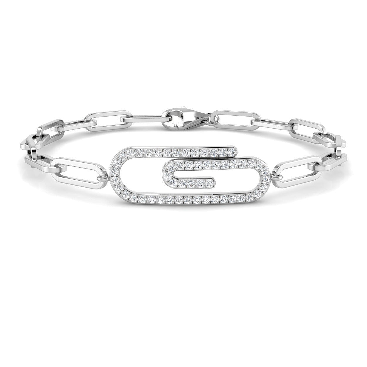 Round Pave Lab Grown Diamond Paperclip Link Bracelet with Pave Center Link / in 10K/14K gold and platinum with certified lab-grown or natural diamonds