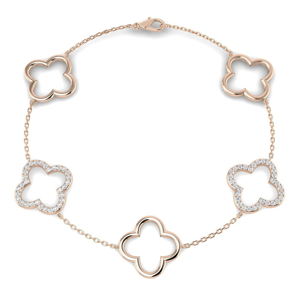 Natural or Lab Grown Diamond Clover Chain Bracelet in 10K/14K gold and platinum with certified lab-grown or natural diamonds