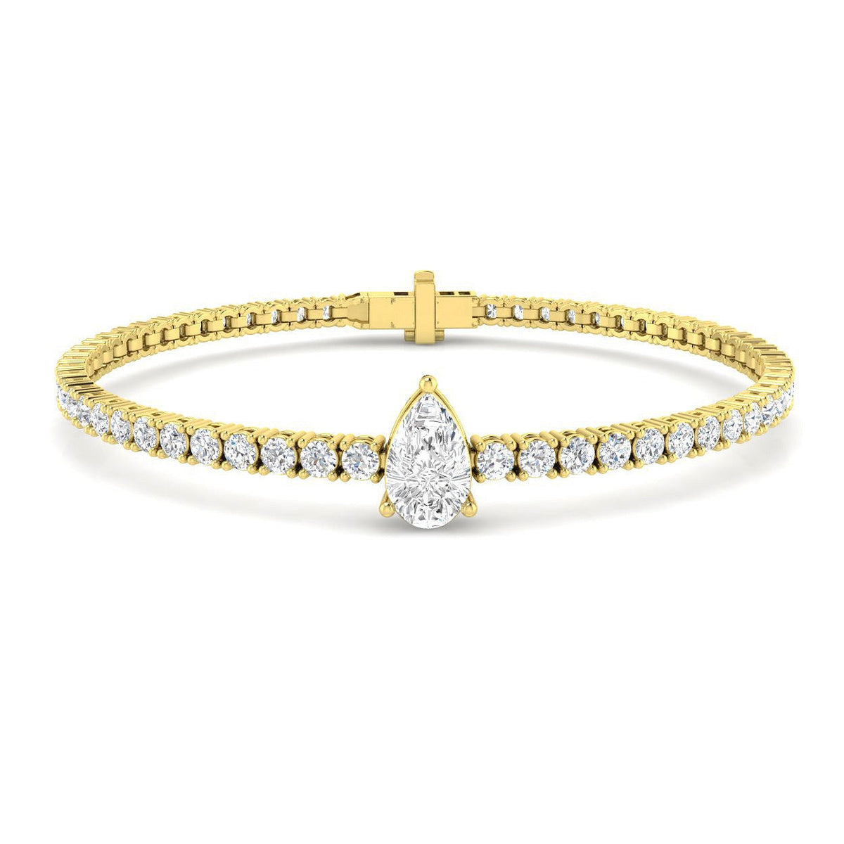 Pear Cut Lab Grown Diamond Tennis Bracelet with Round Prong Set Diamonds in 10K/14K gold and platinum with certified lab-grown or natural diamonds