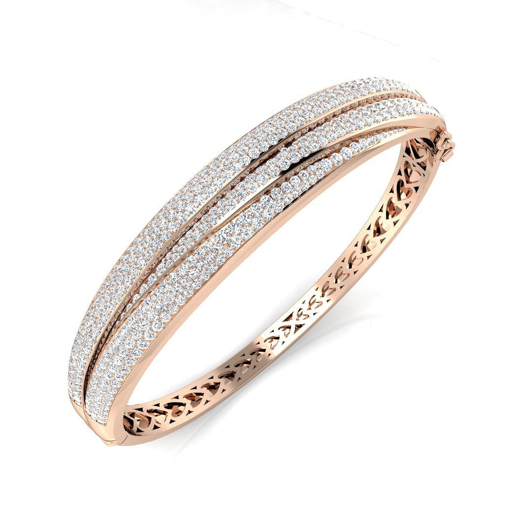 Lab Grown Round Cut Diamond Pave Set Fancy Bangle with Hinged Box Lock in 10K/14K gold and platinum with certified lab-grown or natural diamonds