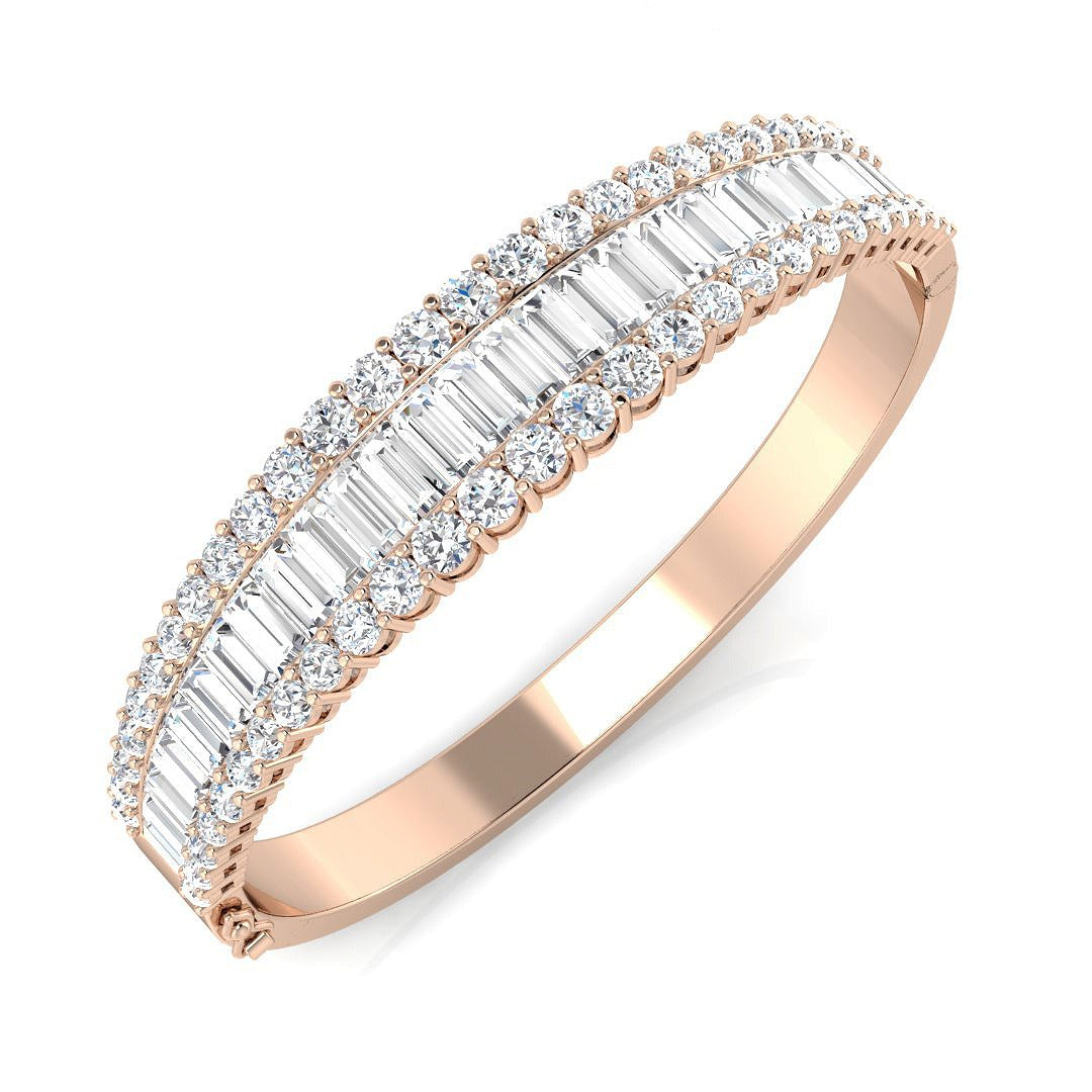 Natural Baguette and Round Cut Diamond Half Channel Pave Set Bangle in 10K/14K gold and platinum with certified lab-grown or natural diamonds