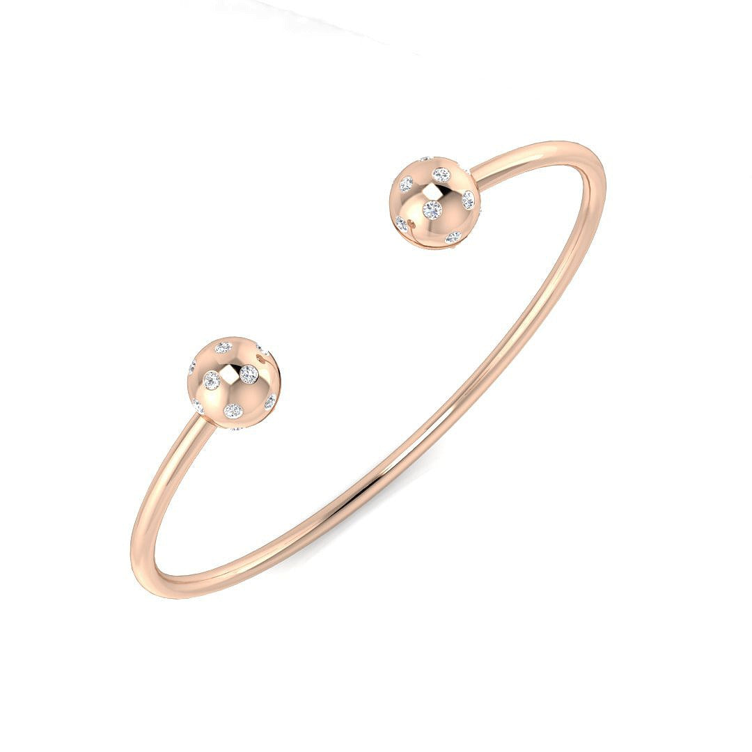 Natural Round Cut Flush Set Diamond Open Cuff Bangle with Ball End Design in 10K/14K gold and platinum with certified lab-grown or natural diamonds