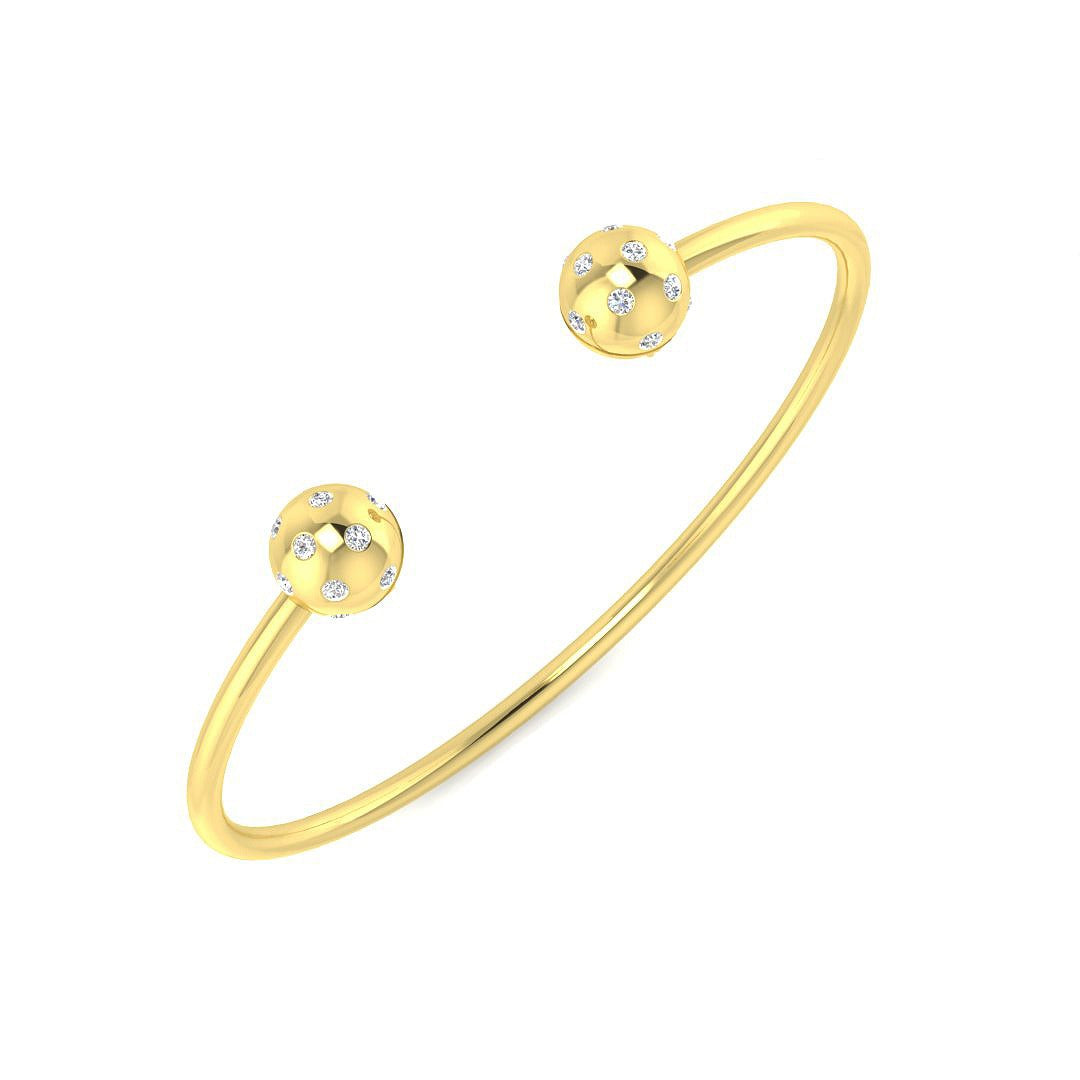 Natural Round Cut Flush Set Diamond Open Cuff Bangle with Ball End Design in 10K/14K gold and platinum with certified lab-grown or natural diamonds