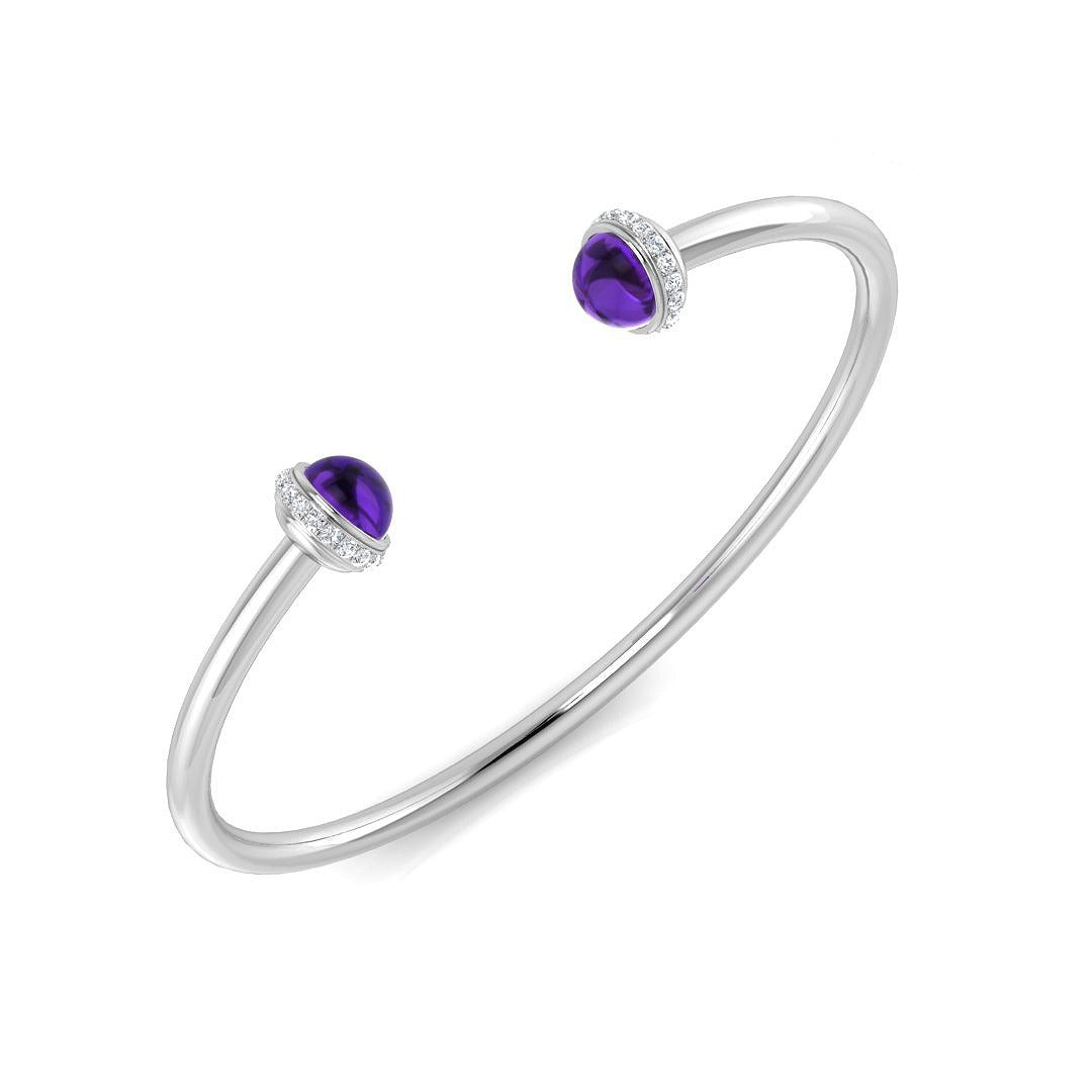 Amethyst Open Cuff Bangle with Round Cut Lab Grown Halo Diamonds in 10K/14K gold and platinum with certified lab-grown or natural diamonds