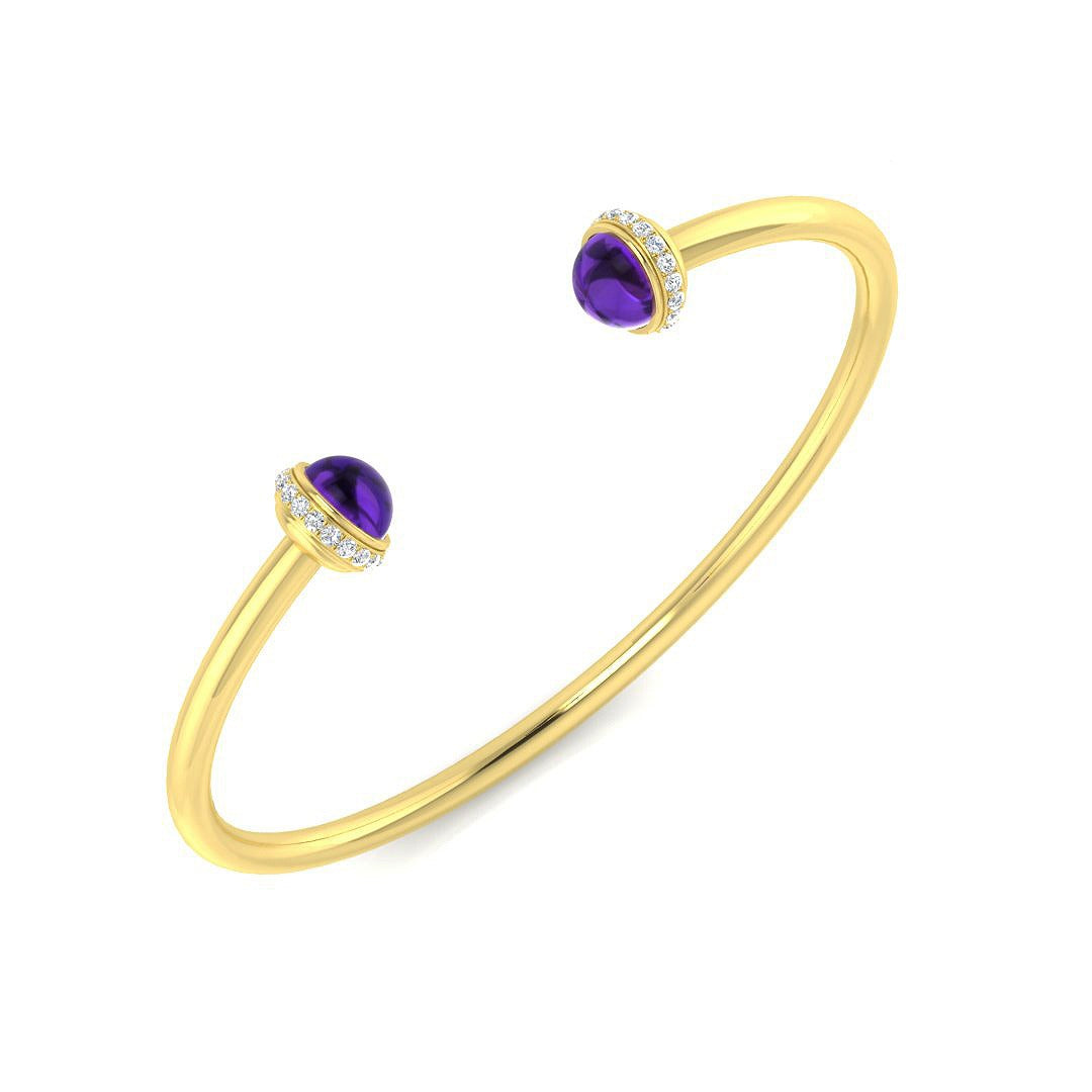 Amethyst Open Cuff Bangle with Round Cut Lab Grown Halo Diamonds in 10K/14K gold and platinum with certified lab-grown or natural diamonds