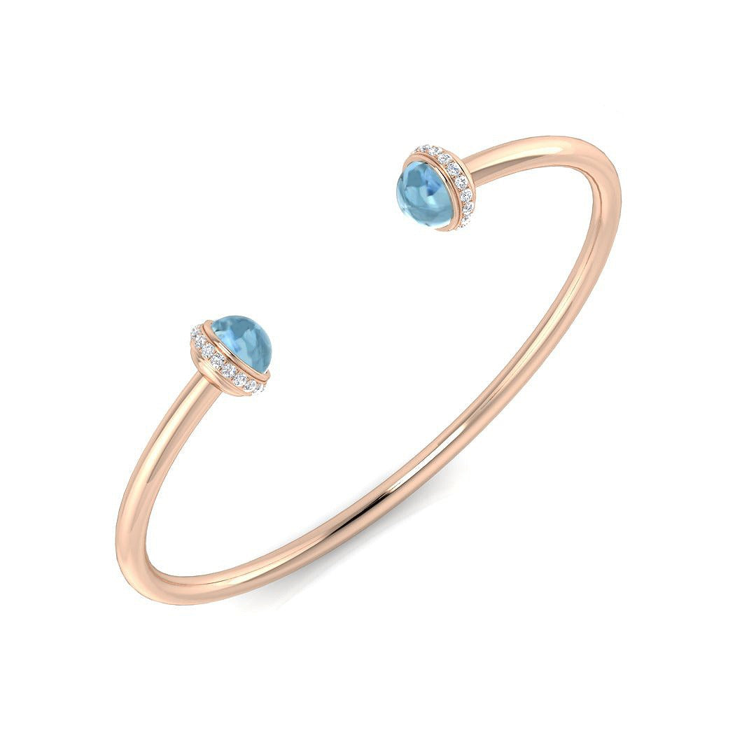Aquamarine Open Cuff Bangle with Natural Round Cut Halo Diamonds in 10K/14K gold and platinum with certified lab-grown or natural diamonds