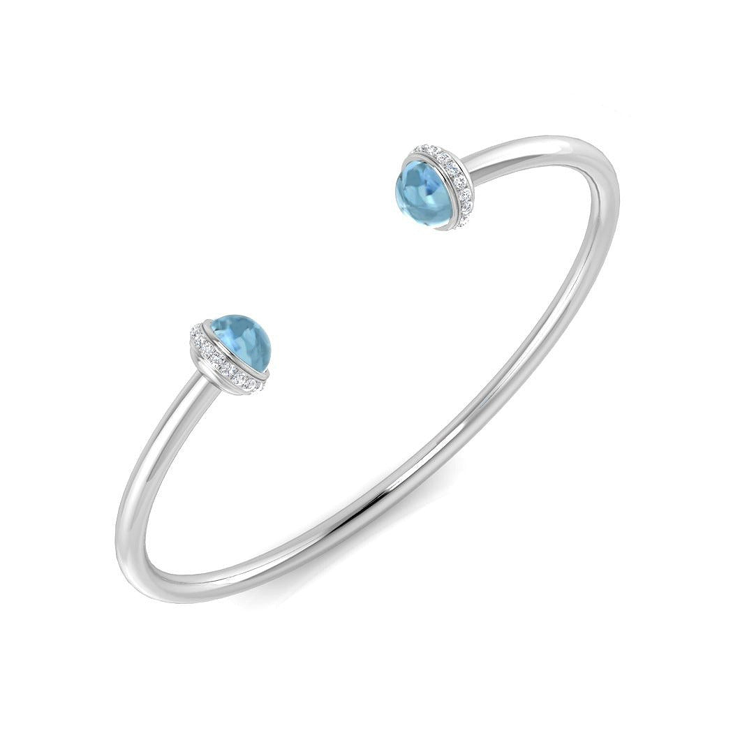 Aquamarine Open Cuff Bangle with Natural Round Cut Halo Diamonds in 10K/14K gold and platinum with certified lab-grown or natural diamonds