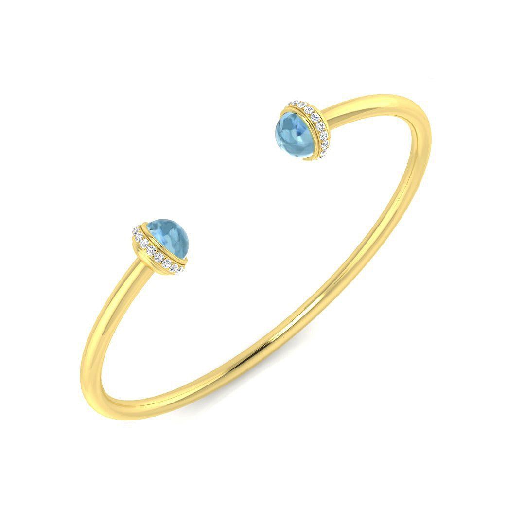 Aquamarine Open Cuff Bangle with Natural Round Cut Halo Diamonds in 10K/14K gold and platinum with certified lab-grown or natural diamonds