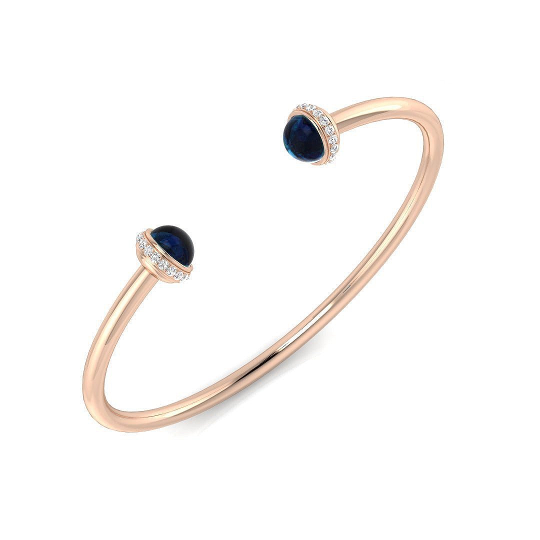 Blue Sapphire Open Cuff Bangle with Natural Round Halo Diamonds in 10K/14K gold and platinum with certified lab-grown or natural diamonds