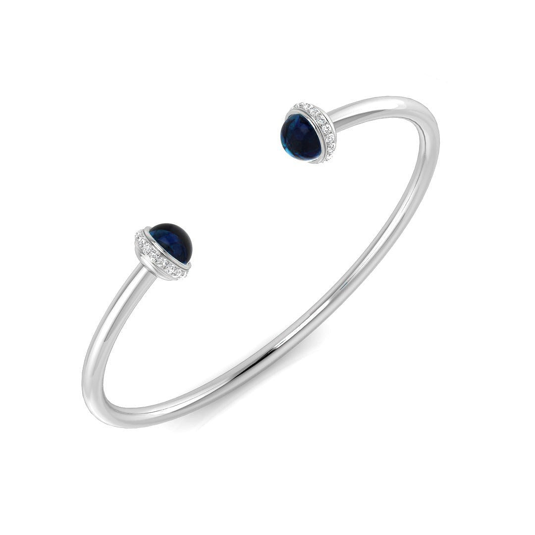 Blue Sapphire Open Cuff Bangle with Natural Round Halo Diamonds in 10K/14K gold and platinum with certified lab-grown or natural diamonds