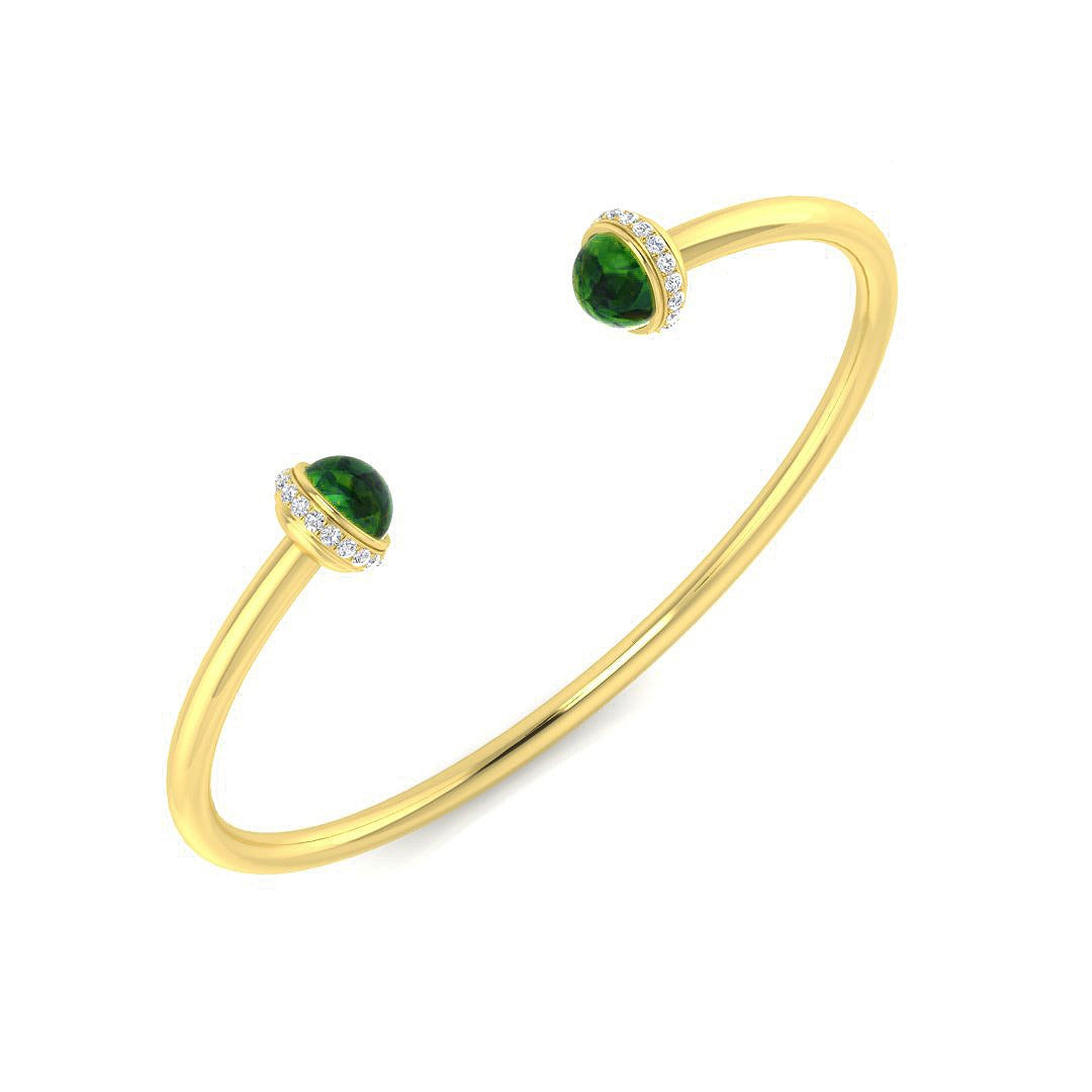 Premium Platinum Cabochon Peridot Open Cuff Bangle with Natural Round Halo Diamonds in 10K/14K gold and platinum with certified lab-grown or natural diamonds