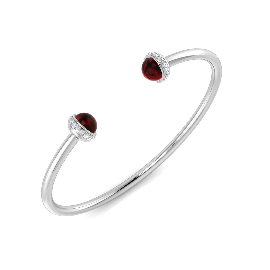Garnet Open Cuff Bangle with Natural Round Cut Halo Diamonds in 10K/14K gold and platinum with certified lab-grown or natural diamonds