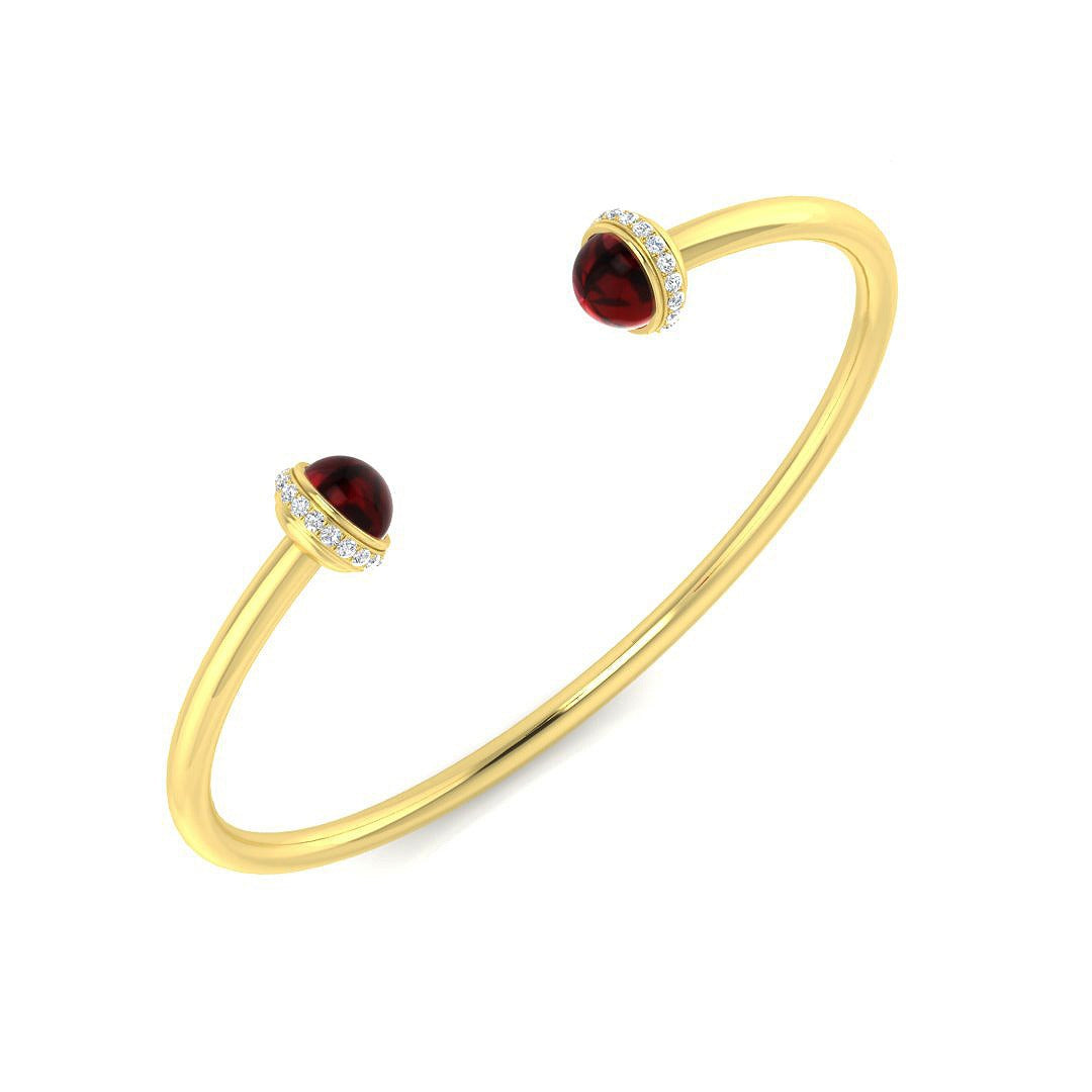 Cabochon Red Open Cuff Bangle with Natural Round Halo Diamonds in 10K/14K gold and platinum with certified lab-grown or natural diamonds