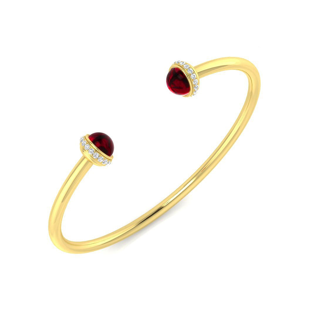 Cabochon Ruby Open Cuff Bangle with Natural Round Halo Diamonds in 10K/14K gold and platinum with certified lab-grown or natural diamonds