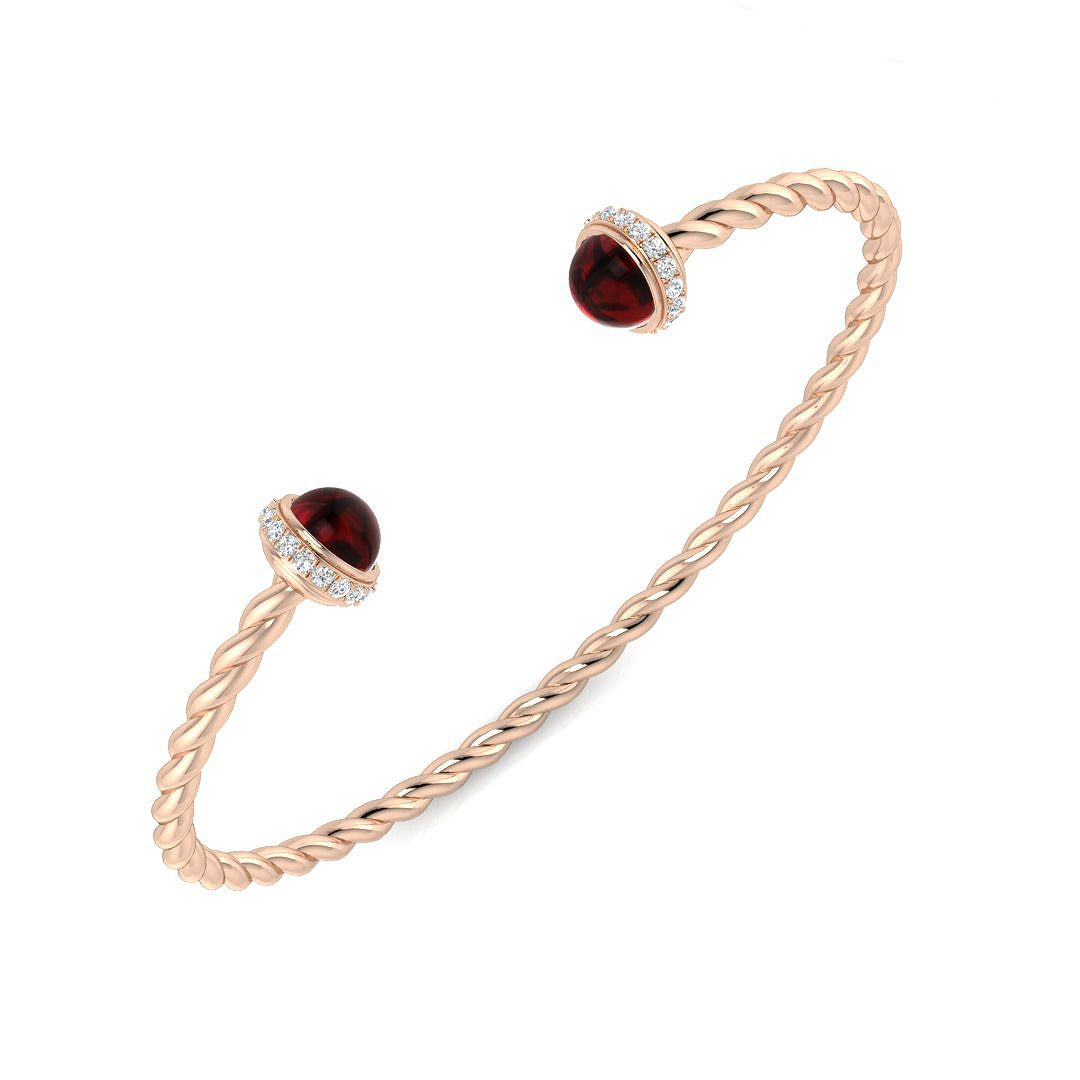Premium Platinum Twisted Rope Garnet Open Cuff Bangle with Natural Round Halo Diamonds in 10K/14K gold and platinum with certified lab-grown or natural diamonds