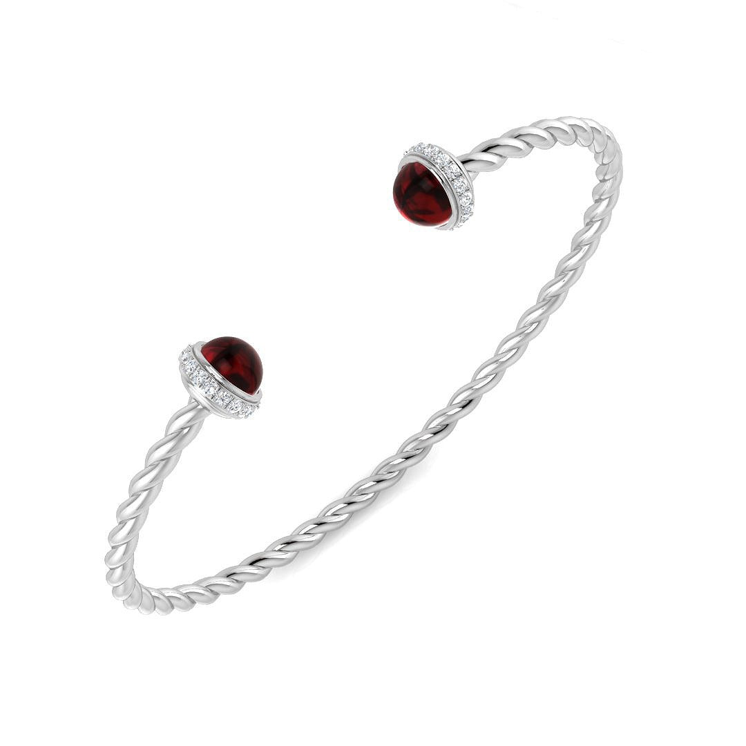 Premium Platinum Twisted Rope Garnet Open Cuff Bangle with Natural Round Halo Diamonds in 10K/14K gold and platinum with certified lab-grown or natural diamonds