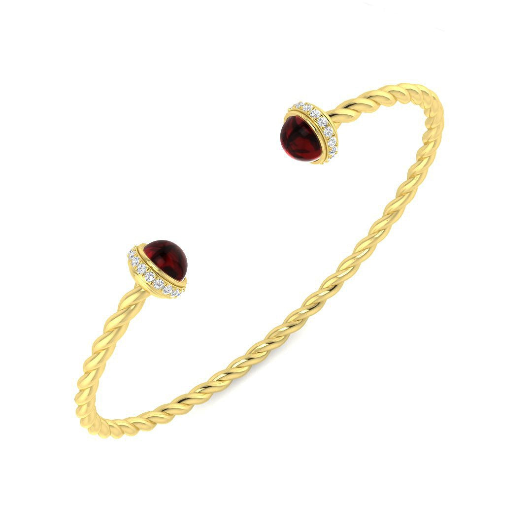 Premium Platinum Twisted Rope Garnet Open Cuff Bangle with Natural Round Halo Diamonds in 10K/14K gold and platinum with certified lab-grown or natural diamonds