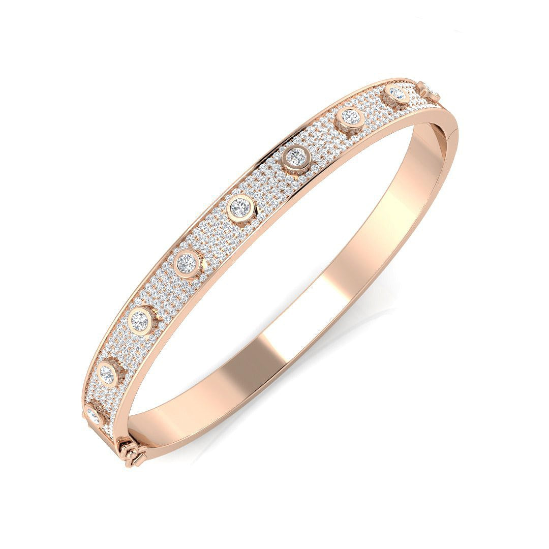 Lab Grown Diamond Bezel Pave Set Fancy Bangle with Hinged Box Lock in 10K/14K gold and platinum with certified lab-grown or natural diamonds