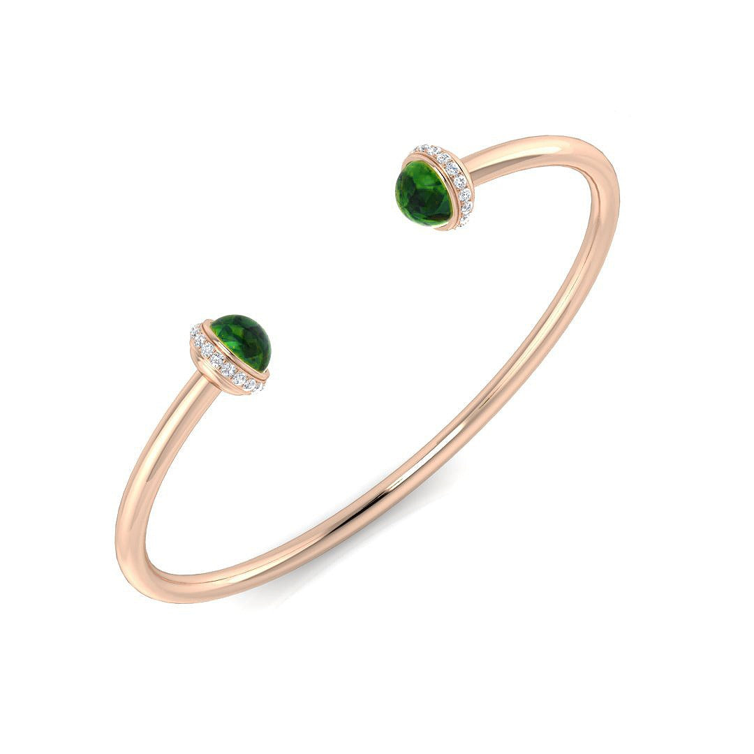 Premium Platinum Cabochon Peridot Open Cuff Bangle with Natural Round Halo Diamonds in 10K/14K gold and platinum with certified lab-grown or natural diamonds