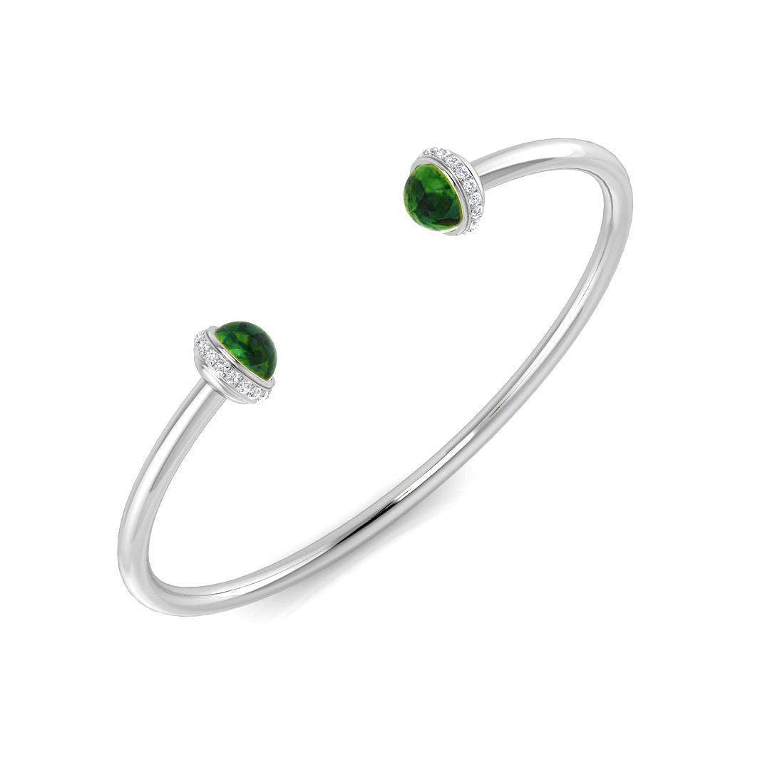 Premium Platinum Cabochon Peridot Open Cuff Bangle with Natural Round Halo Diamonds in 10K/14K gold and platinum with certified lab-grown or natural diamonds