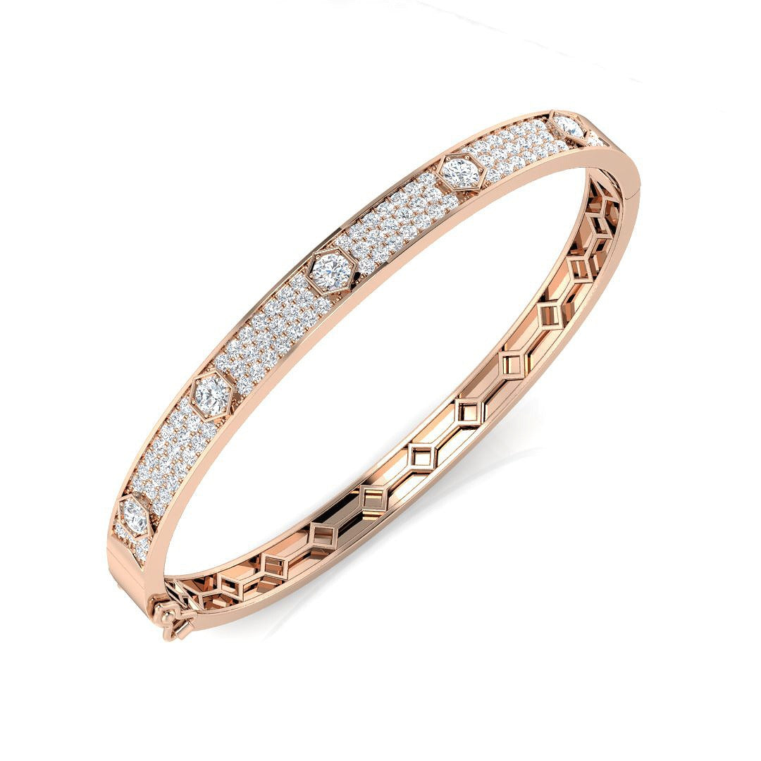 Natural Round Cut Diamond Prong Pave Set Fancy Hinged Bangle with Lock in 10K/14K gold and platinum with certified lab-grown or natural diamonds
