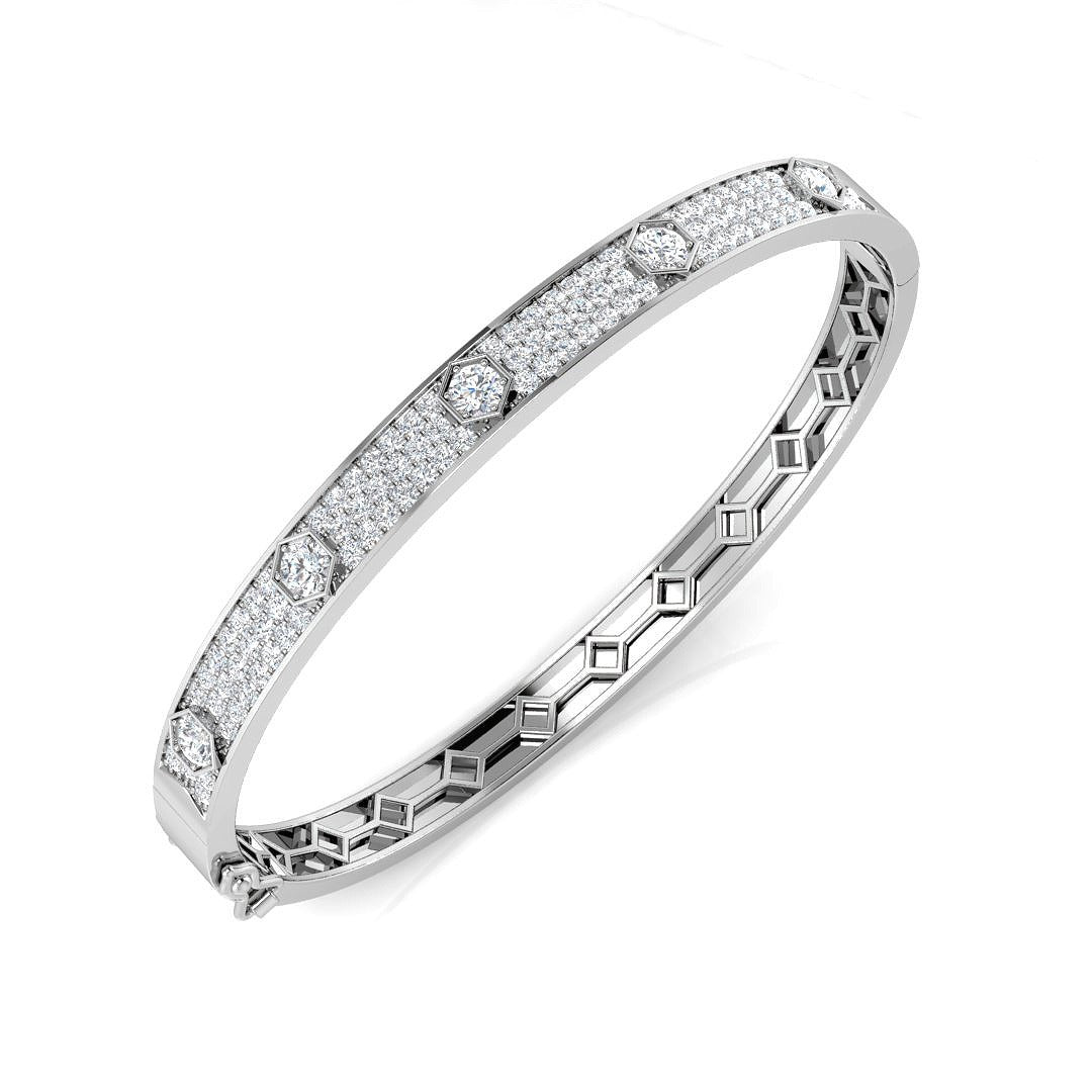 Natural Round Cut Diamond Prong Pave Set Fancy Hinged Bangle with Lock in 10K/14K gold and platinum with certified lab-grown or natural diamonds