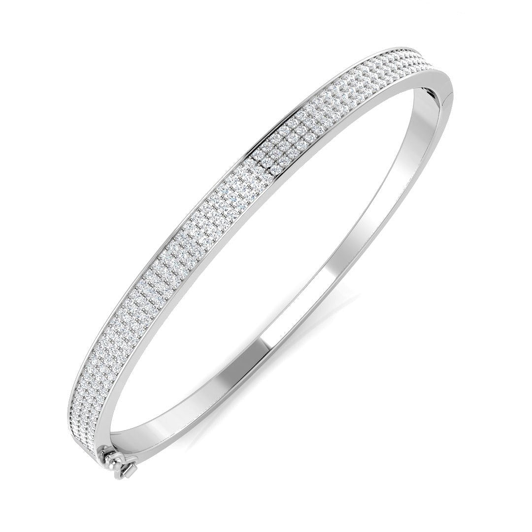 Natural Round Cut Diamond Three Row Pave Set Fancy Bangle with Hinged Lock in 10K/14K gold and platinum with certified lab-grown or natural diamonds